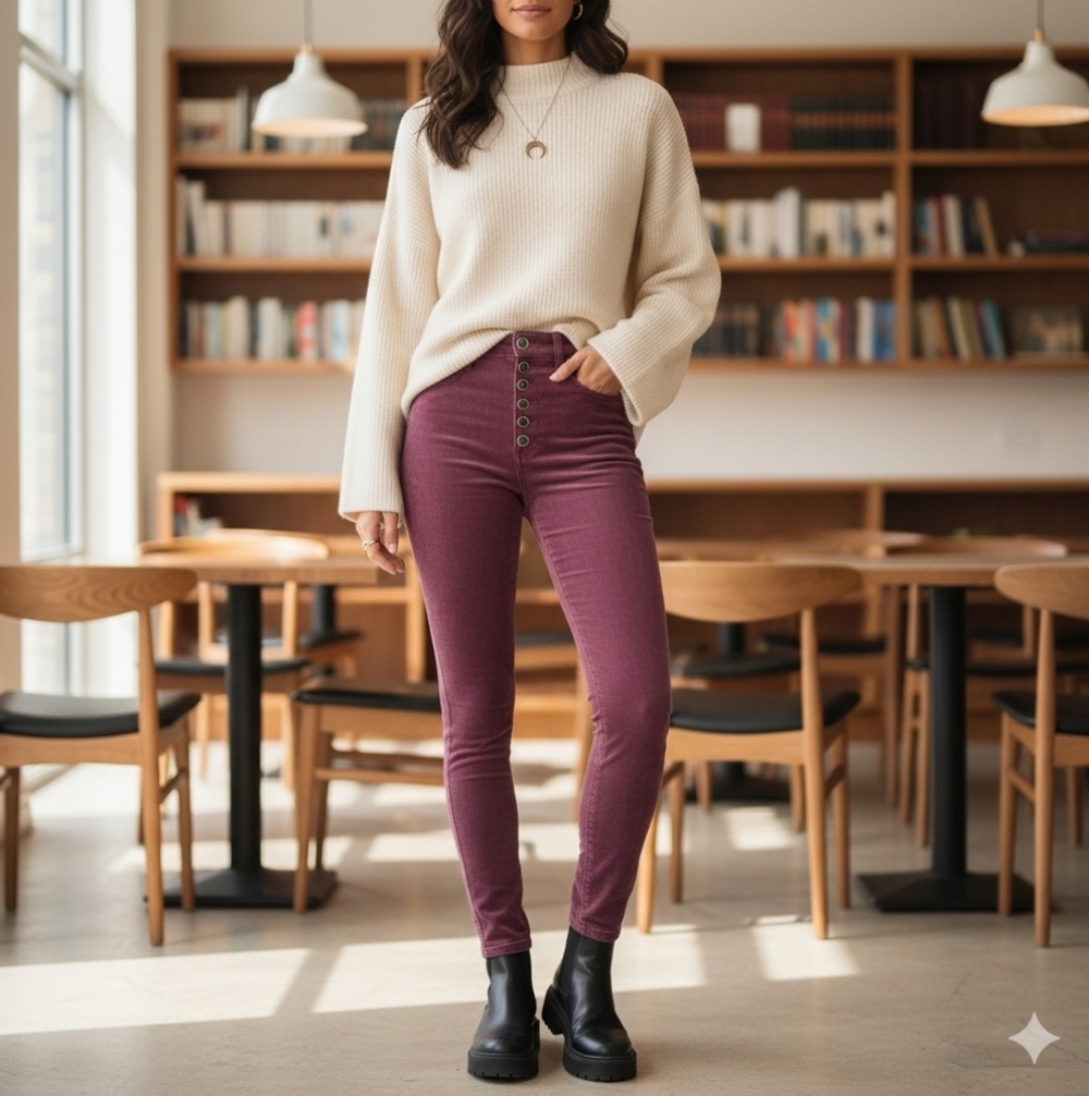 Anthropologie Pilcro High-Rise Button-Fly Skinny Corduroy Pants  Plum Berry, 26